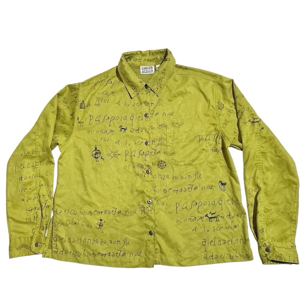 Chicos Shirt Blouse Womens Size 1 M Script Graphic Geo Art Long Sleeve Button Up
